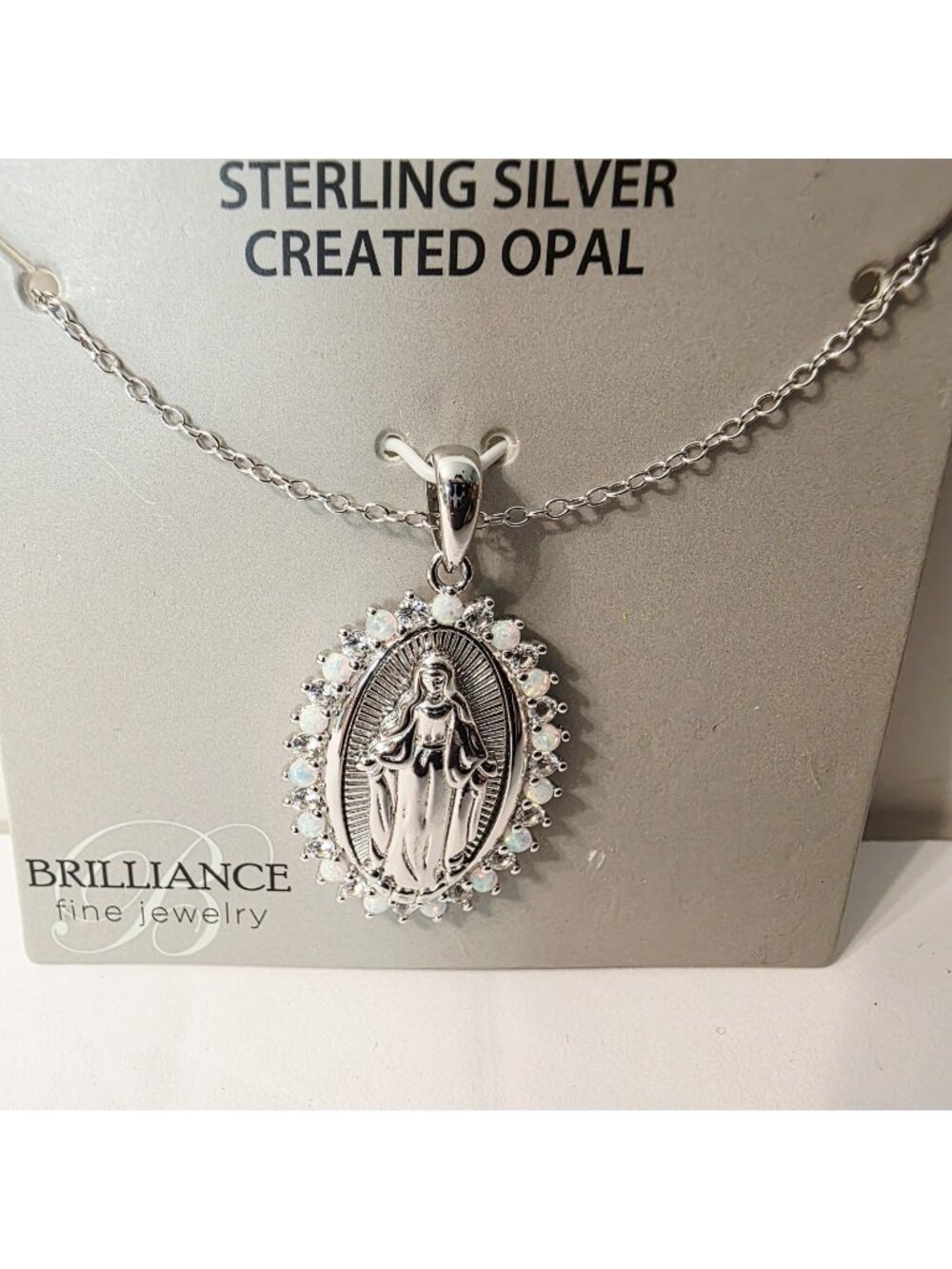 Silver Sterling Oval Created Opal Virgin Mary Maria Pendant Necklace